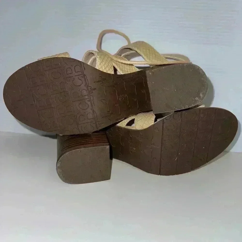 Born In California Sandals Stacked Heel Beige Lite Tan Faux Snakeskin Size 6 1/2